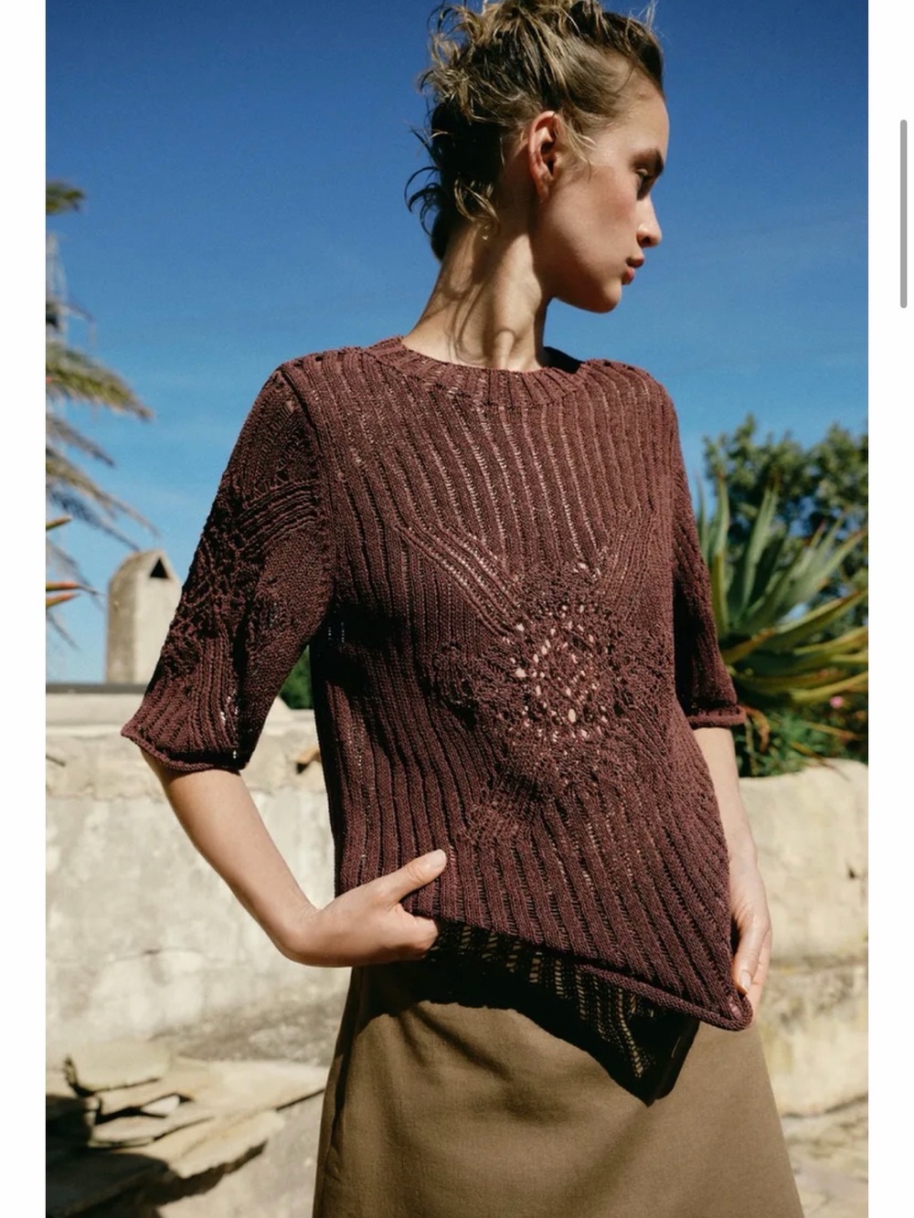 Zara Cocoa Brown Ribbed Short-Sleeve Knit Top